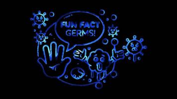 Glowing looping global hand washing fun fact bubble featuring germs and clean hands. neon frame effect, black background. video
