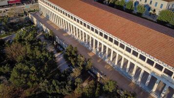 Stoa of Attalus, a completely renovated structure of Greek civilization, in the Agora in Athens. It attracts tourists for its Agora museum and the wonder of classical Greek art. Aerial view Agora park photo