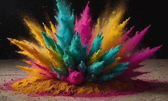 Colored powder explosion. Abstract closeup dust on backdrop. Colorful explode photo