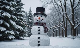 Snowman in Joyful Winter Wonderland with Snow-Covered Trees Background photo