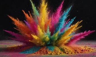 Colored powder explosion. Abstract closeup dust on backdrop. Colorful explode photo