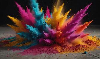 Colored powder explosion. Abstract closeup dust on backdrop. Colorful explode photo