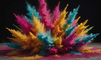 Colored powder explosion. Abstract closeup dust on backdrop. Colorful explode photo