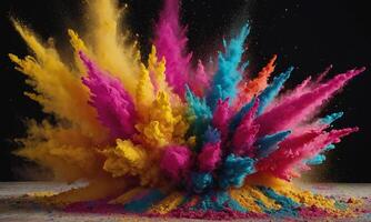 Colored powder explosion. Abstract closeup dust on backdrop. Colorful explode photo
