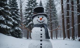 Snowman in Joyful Winter Wonderland with Snow-Covered Trees Background photo