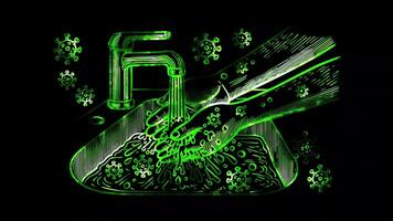 Glowing looping global hand washing showing germs being washed away from hands. neon frame effect, black background. video