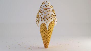 A decorative pink ice cream cone with silver swirls and pearl-like sprinkles, showcased against a white backdrop. photo