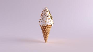 A decorative pink ice cream cone with silver swirls and pearl-like sprinkles, showcased against a white backdrop. photo