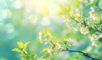 Green leaves against a blurred background with bokeh, perfect for themes of nature, spring, and freshness. photo
