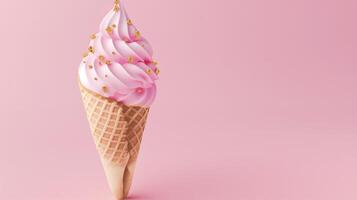 An intricately designed pink ice cream cone with silver swirls and pearl-like sprinkles, set against a pink backdrop. photo