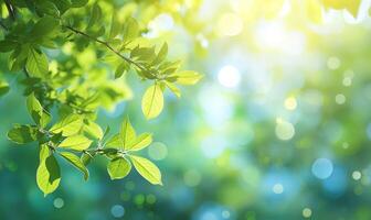 Green leaves against a blurred background with bokeh, perfect for themes of nature, spring, and freshness. photo