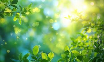 Green leaves against a blurred background with bokeh, perfect for themes of nature, spring, and freshness. photo
