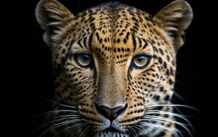 a close up of a leopard's face on a dark background with a black background, photo