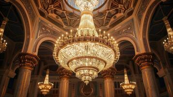 Opulent Interior Design with Multiple Massive Chandeliers and Columns photo