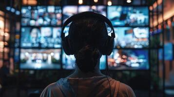Surveillance Operator Monitors Multimedia Screens in Control Room photo