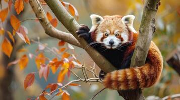 Vibrant Red Panda Clinging to Autumn Tree Branch photo