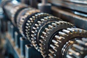 Detailed Closeup View of Interlocking Metal Gears in a Machine photo