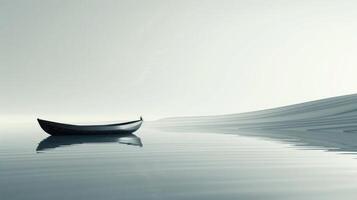 Tranquil Reflections Lone Boat on Calm Waters with Sand Dunes photo