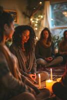 Calm and Focused Group Meditation Around Lit Candles photo