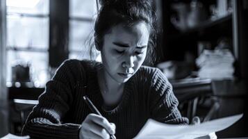 The Focused Young Woman Writing Amongst Scattered Documents photo