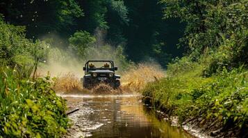 Exploring the Wild Jeep Adventure through Muddy Green Forest photo
