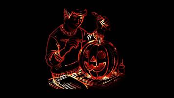 Glowing looping Halloween day someone carving a pumpkin. neon frame effect, black background. video