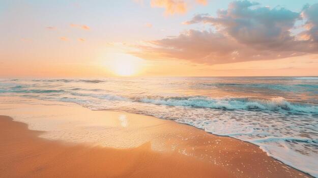 tranquilo puesta de sol suave olas en un pastel playa foto