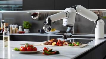 Robotic Arm Prepares Roast Chicken with Fresh Vegetables photo
