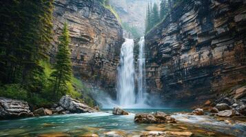 Tranquil Oasis Waterfall Cascading Over Rugged Cliff Pool photo