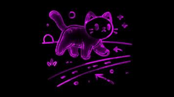Glowing looping Halloween day black cat crossing a path. neon frame effect, black background. video