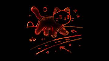 Glowing looping Halloween day black cat crossing a path. neon frame effect, black background. video