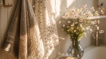 Tranquil scene towels on hooks beside vase with flowers photo
