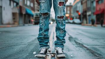 Solitude in the City Distressed Jeans and Soft Streetlights photo