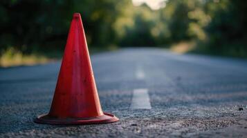 Singular red traffic cone under dappled sunlight on empty road photo