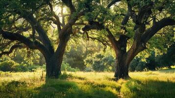 Sunlit Clearing Two Ancient Trees Stand Tall Side by Side photo