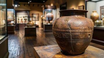 Elegant Ancient Pottery Vase Shines in Museum Gallery Glow photo