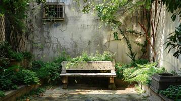 Sunlit Garden Oasis Weathered Stone Bench in Greenery Paradise photo