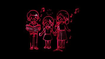 Glowing looping Hanukkah day family singing. neon frame effect, black background. video