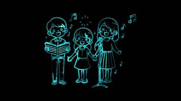 Glowing looping Hanukkah day family singing. neon frame effect, black background. video