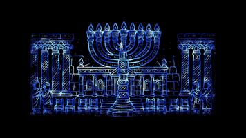 Glowing looping Hanukkah day ancient depiction of the Temple menorah. neon frame effect, black background. video