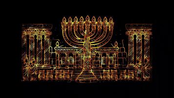 Glowing looping Hanukkah day ancient depiction of the Temple menorah. neon frame effect, black background. video