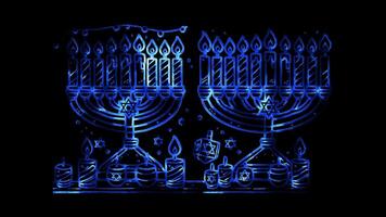 Glowing looping Hanukkah day menorah with lit candles. neon frame effect, black background. video