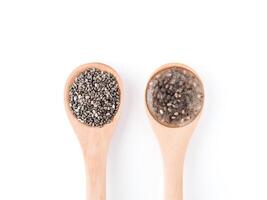 vegans replace eggs concept - chia eggs. Two spoon with wet and dry chia seeds photo