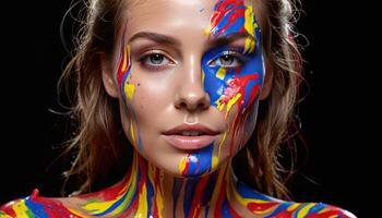a woman with colorful paint on her face photo