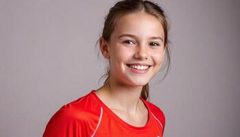 a young girl in a red shirt smiling photo