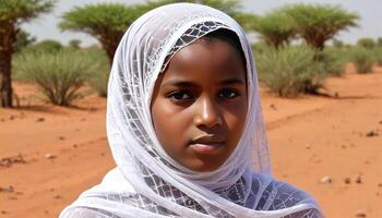 a young girl in a white veil standing in the desert photo