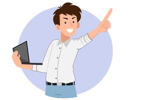 students pretending to be happy Pointing his finger forward, he did. The work on the notebook is complete. vector
