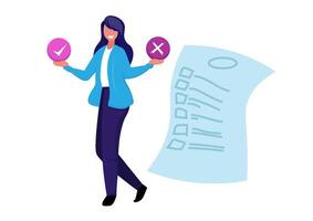 Filling Test in Customer Survey Form. illustration for web banner, infographics, mobile. Customer Experiences and Satisfaction Concept. Woman and Man putting Check Mark. vector