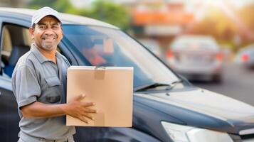 smiling delivery asian man holding cardboard box mockup space in urban residential area. He is in uniform standing in front of car. illustrating package delivery, logistics and customer service photo