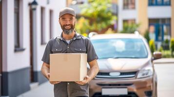 smiling delivery man holding cardboard box mockup space in urban residential area. He is in uniform standing in front of car. illustrating package delivery, logistics and customer service photo